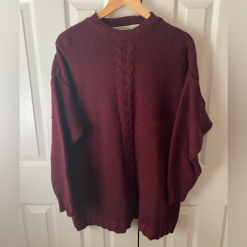ARAN‎ CRAFTS Burgundy 100% Merino Wool Center Cable Detail Longline Sweater XL